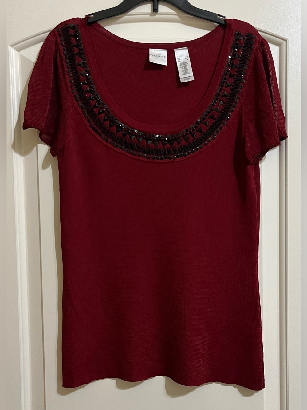 Emma James Dark Red Wine Scoop Neck Top with Black Beaded Trim Small GORGEOUS